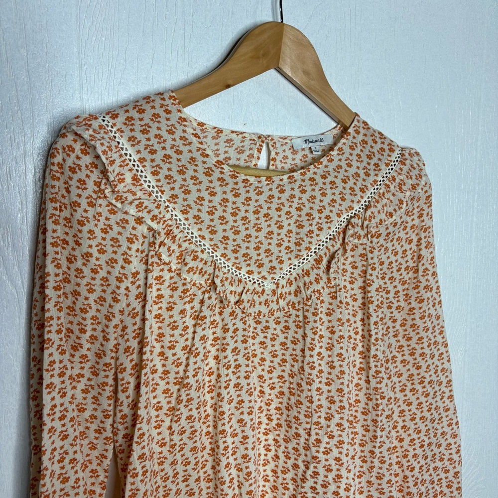 Madewell Floral Ruffle Blouse in Cream and Orange - Picture 3 of 13